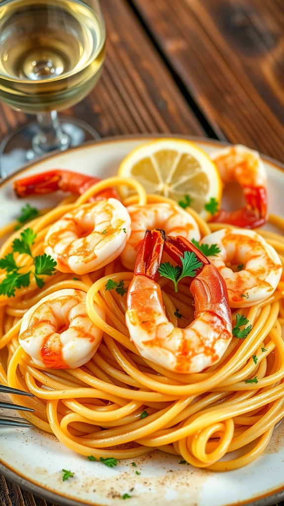 Garlic Butter Shrimp Scampi Recipe Shrimp scampi served with linguine in garlic butter sauce, garnished with parsley and lemon.